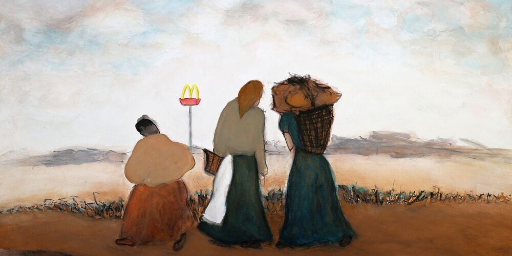 Zeichnung von drei Bauersfrauen von hinten, von der eine einen großen Korb auf dem Rücken trägt. Eine weitere trägt einen Korb am Arm. Sie laufen alle auf ein McDonalds Zeichen zu.